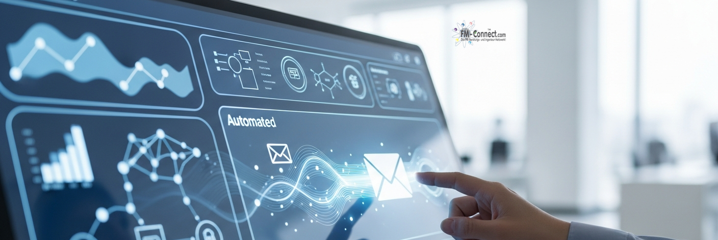 Illustration ERP- und Mail-Kommunikation mit KI-Integration zur Effizienz im Facility Management