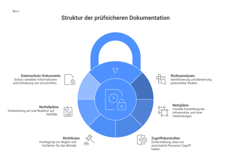 Ein Hub-and-Spoke-Diagramm zur prüfsicheren Dokumentation mit einem zentralen Kern, der mit Icons für Schlüsseldokumente wie Risikoanalysen verbunden ist.