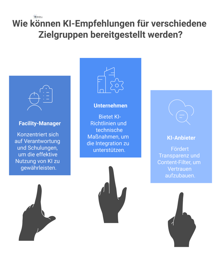  Infografik mit drei Spalten, die KI-Empfehlungen für Facility-Manager, Unternehmen und KI-Anbieter mit Icons und Stichpunkten auflistet.