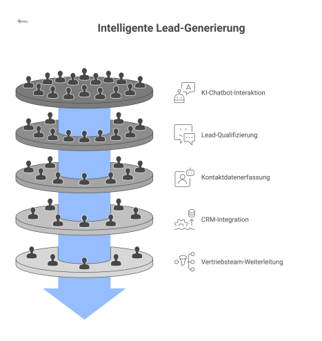 Ein Vertriebsfunnel zeigt, wie ein KI-Chatbot Besucher qualifiziert, Kontaktdaten sammelt und automatisiert an das CRM-System und Vertriebsteam weiterleitet. 