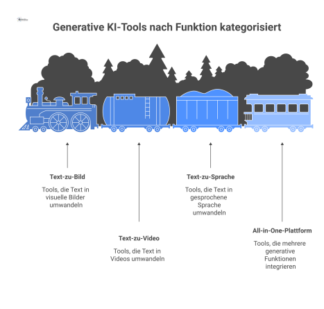 Diagramm, das generative KI-Tools in die Kategorien Text-zu-Bild, Text-zu-Video, Text-zu-Sprache und All-in-One-Plattformen einteilt.