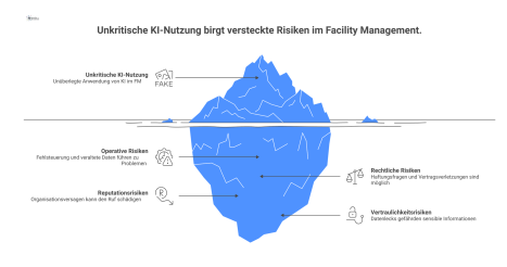  Infografik über die Risiken unkritischer KI-Nutzung mit den vier Hauptbereichen: Operativ, Rechtlich, Reputativ und Vertraulichkeit.